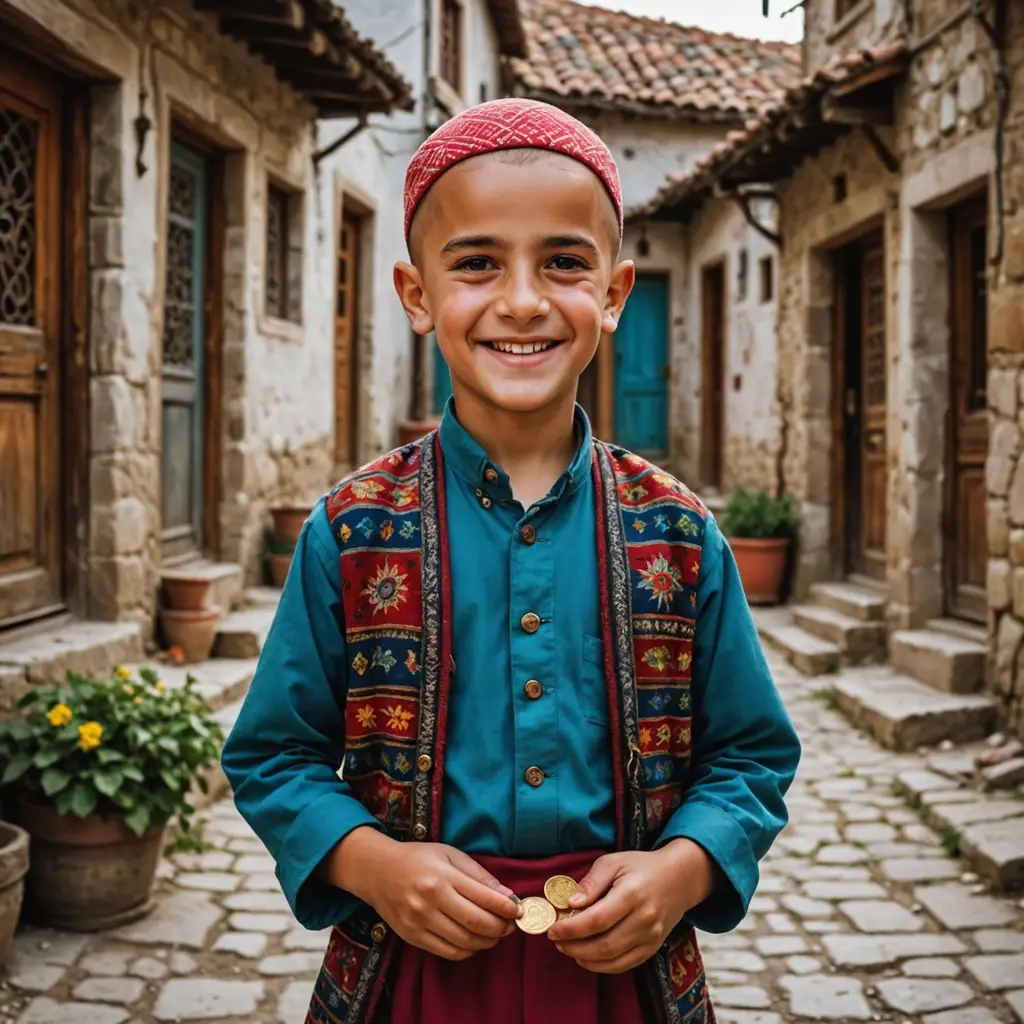 Keloğlan, a clever and kind young Turkish boy with no hair, holding a small treasure in a colorful village, storybook illustration
