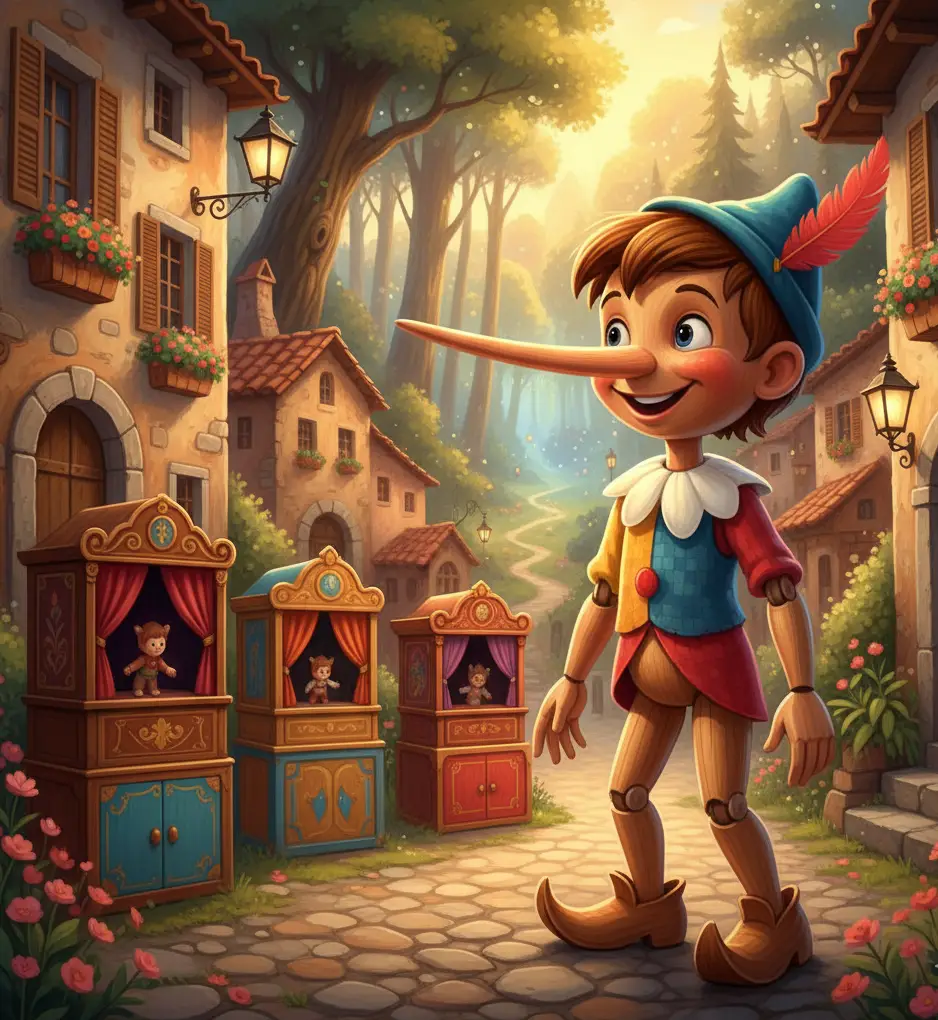 Pinocchio, a wooden puppet boy with a long nose, wearing colorful clothes, standing in an Italian village with forest background, magical storybook illustration.