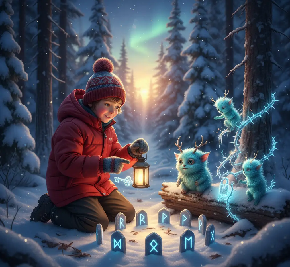 Sampo Lappelill, a little boy in warm winter clothes, helping magical creatures in a snowy Finnish forest, cozy storybook illustration