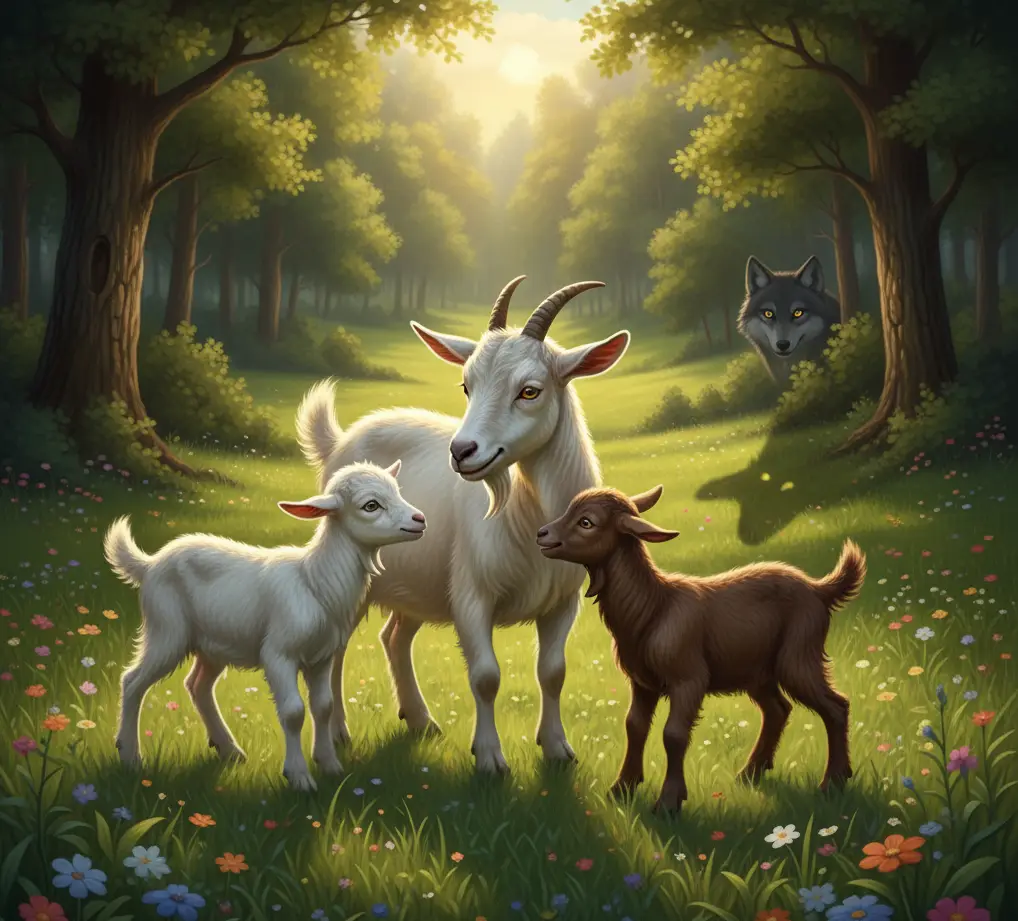 Three little goats with their mother in a green meadow, alert at a sneaky wolf behind trees, playful storybook illustration